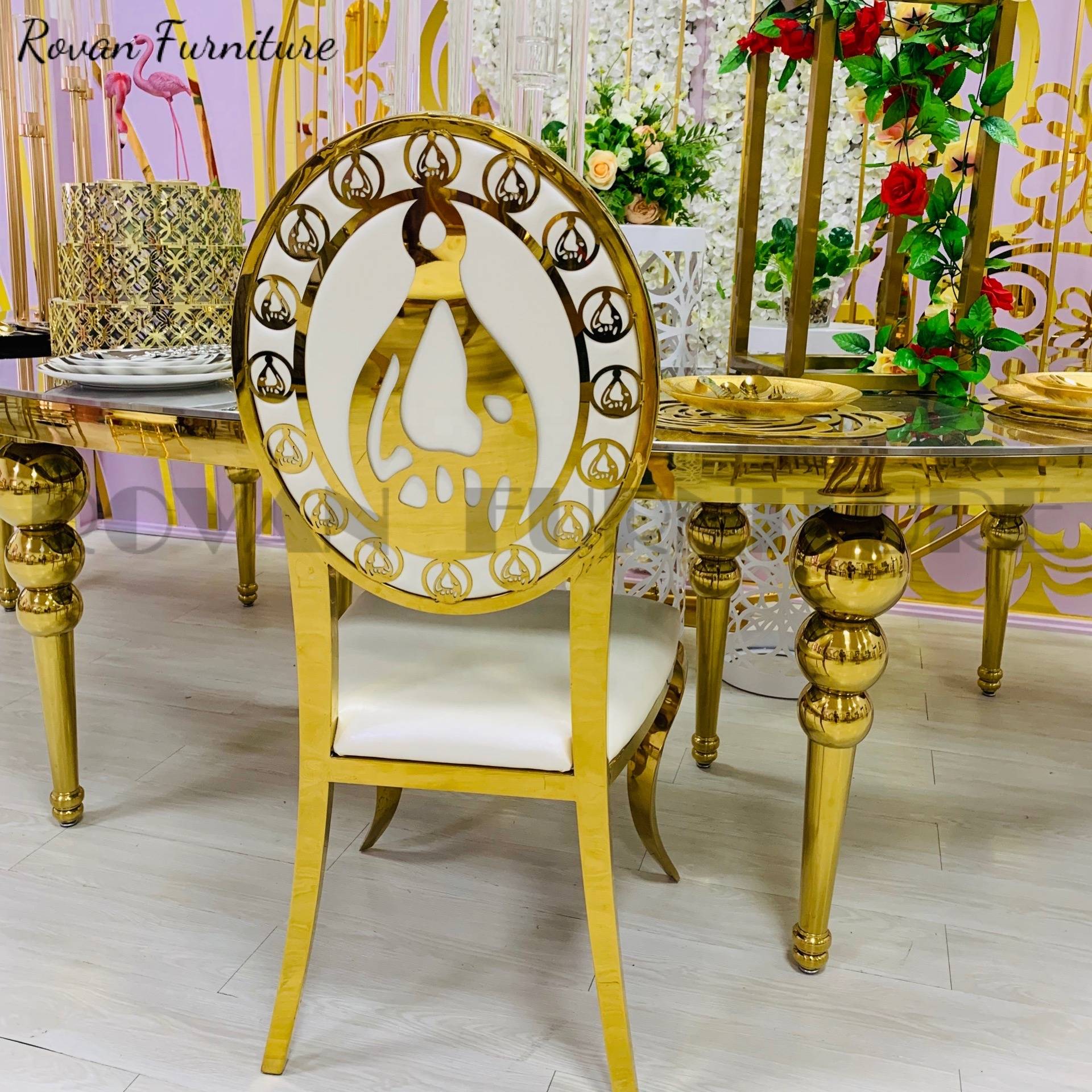 New style wholesale cheaper round gold stainless steel chair with leather hotel stackable